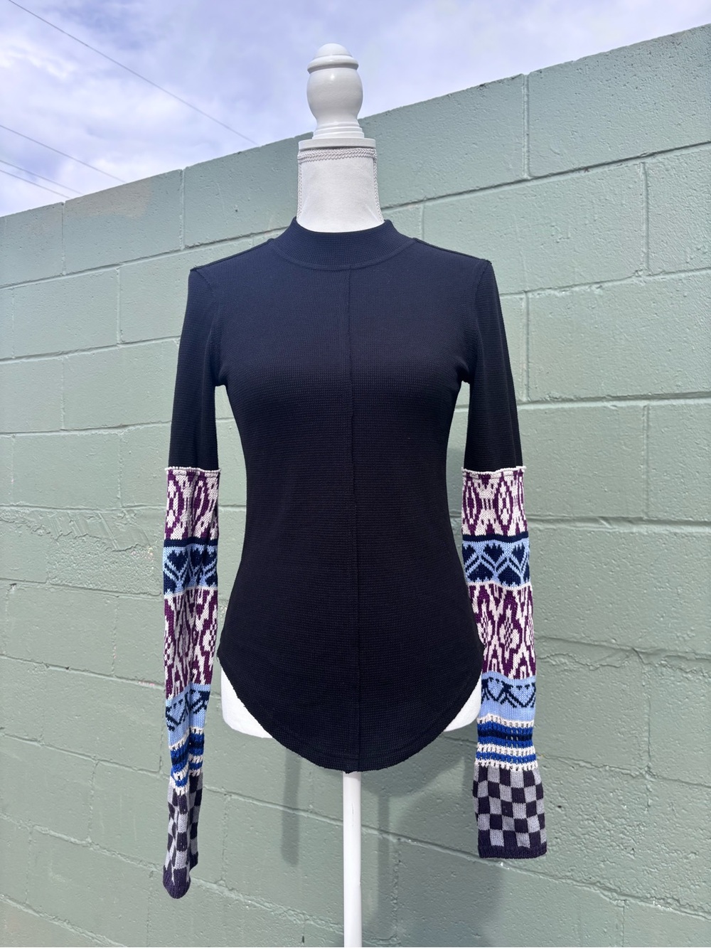 We The Free Black Long Sleeve Tee with Patterned Blue & Purple Sleeves